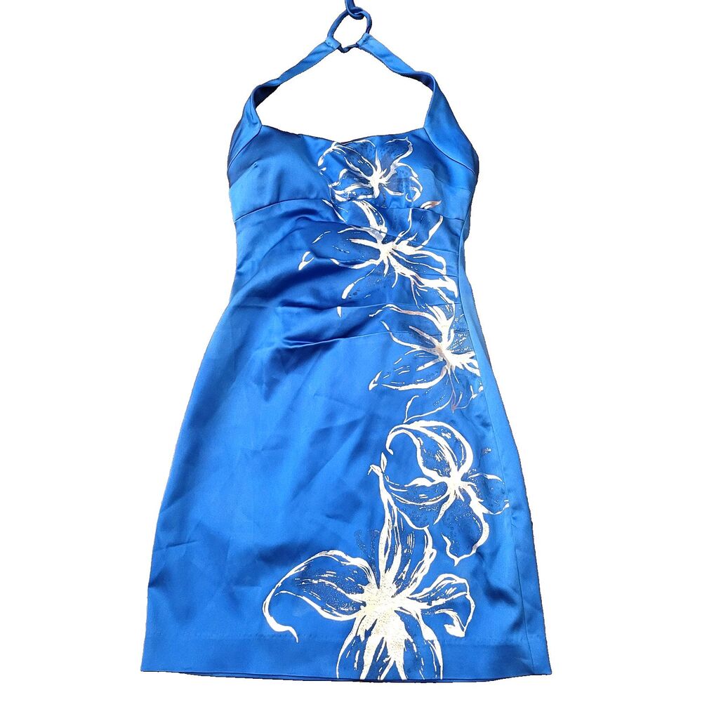 VTG Caché Blue Silver Foil Halter Dress Y2K Euphoria Galactic Glam Aesthetic 10